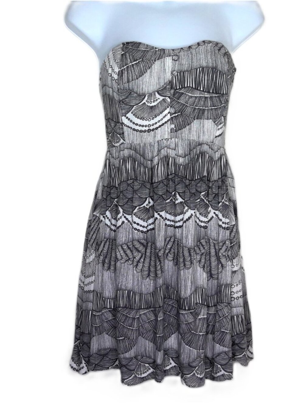 O'Neill Strapless Mini Dress Gray & White Art Deco Scallop Print Smocked Sz S
